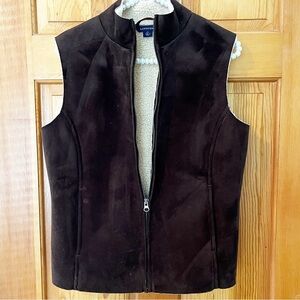 Lands' End Womens Brown Vest Sz 2-4 Faux Suede Sherpa Shearling Western Biker